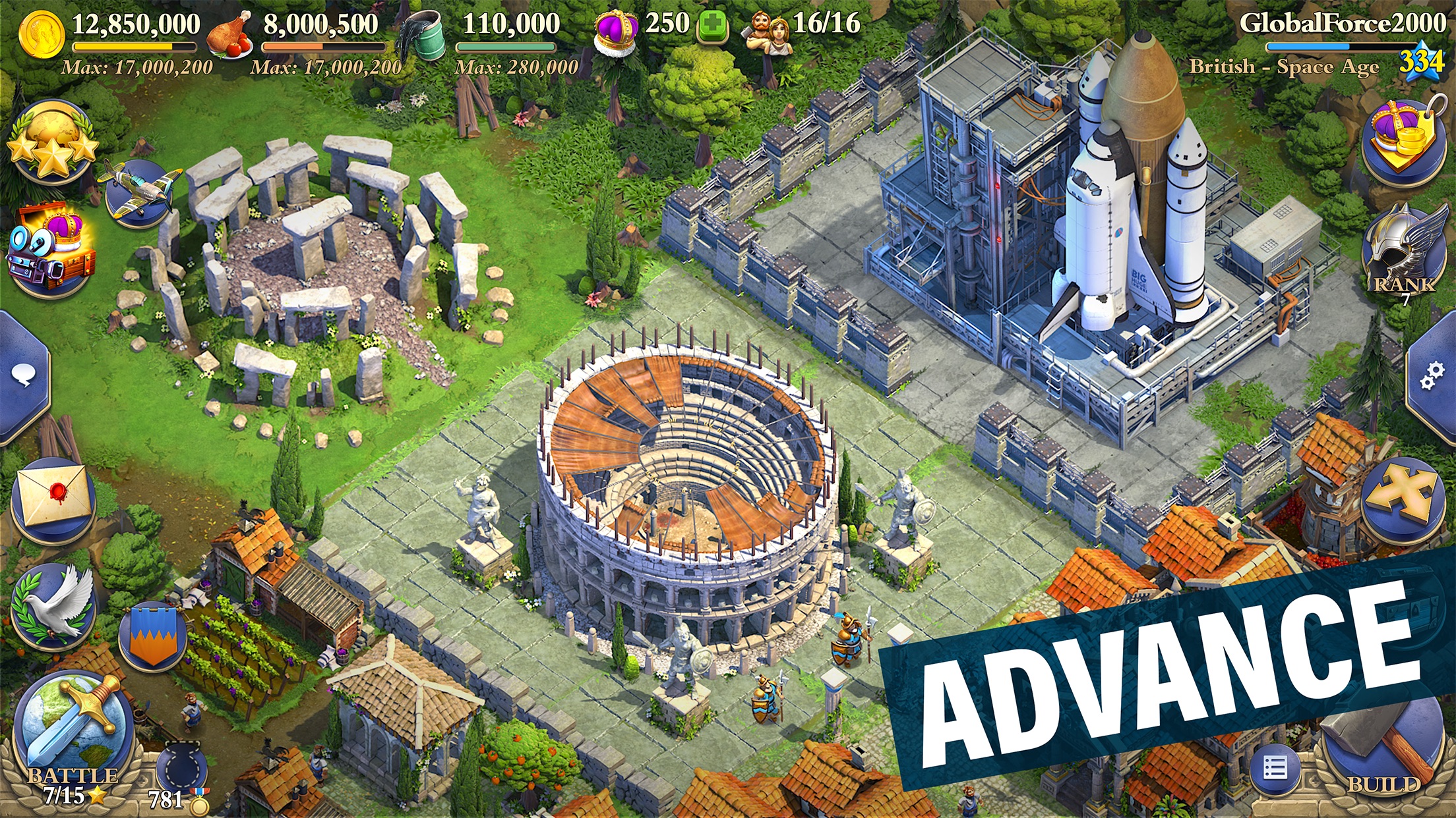 DomiNations city center showing age advancement across historical eras