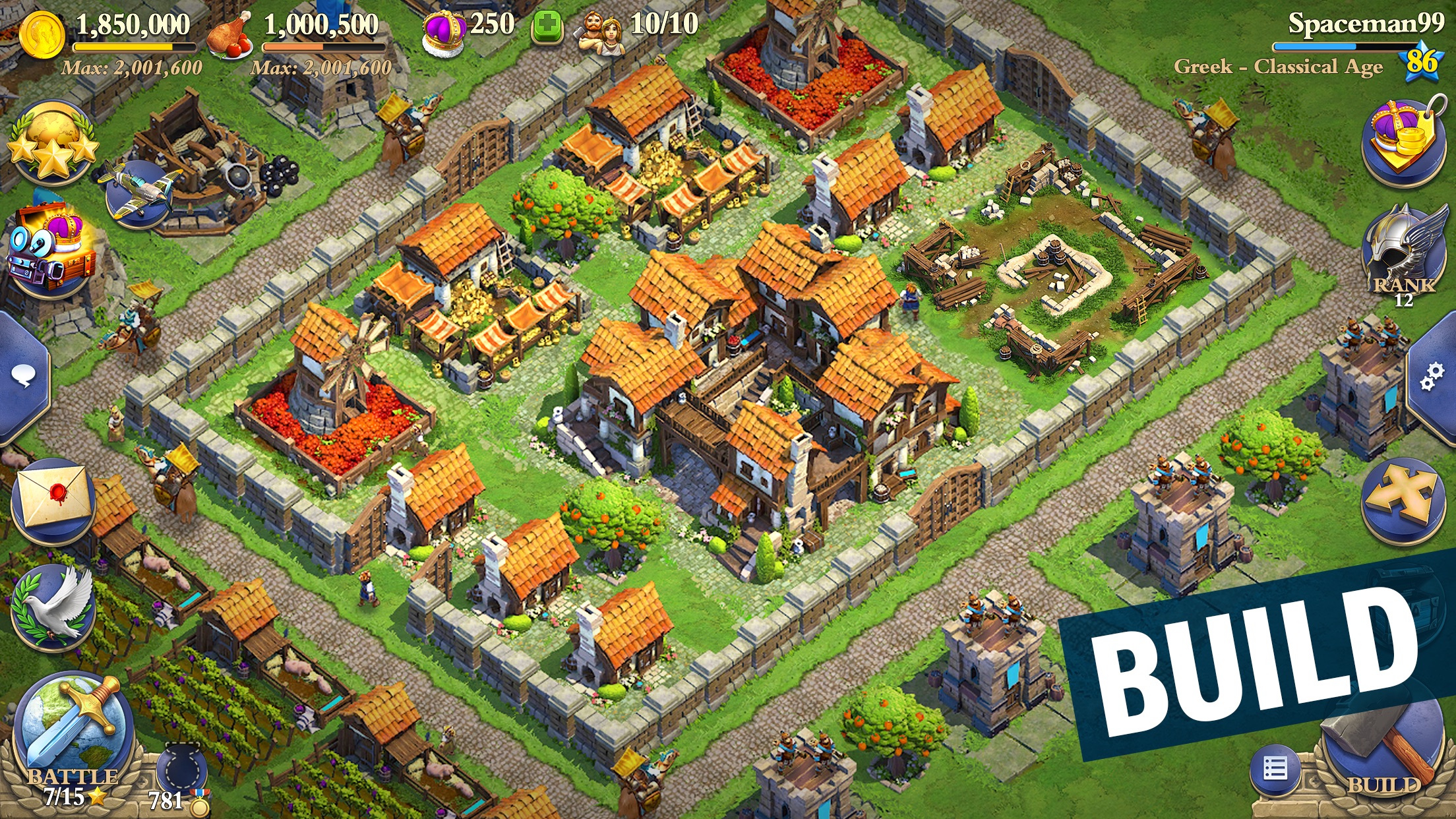 DomiNations base layout with walls, defensive towers, and economy buildings