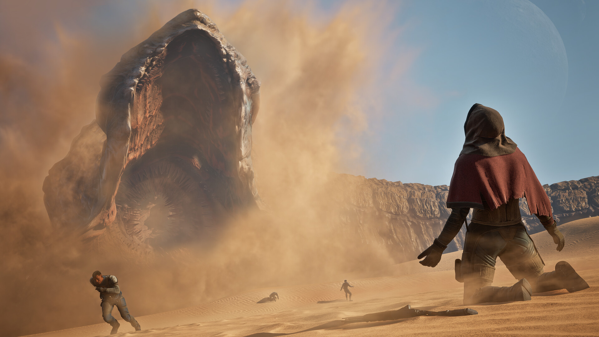 Dune: Awakening screenshot of a lone character crossing the open desert of Arrakis