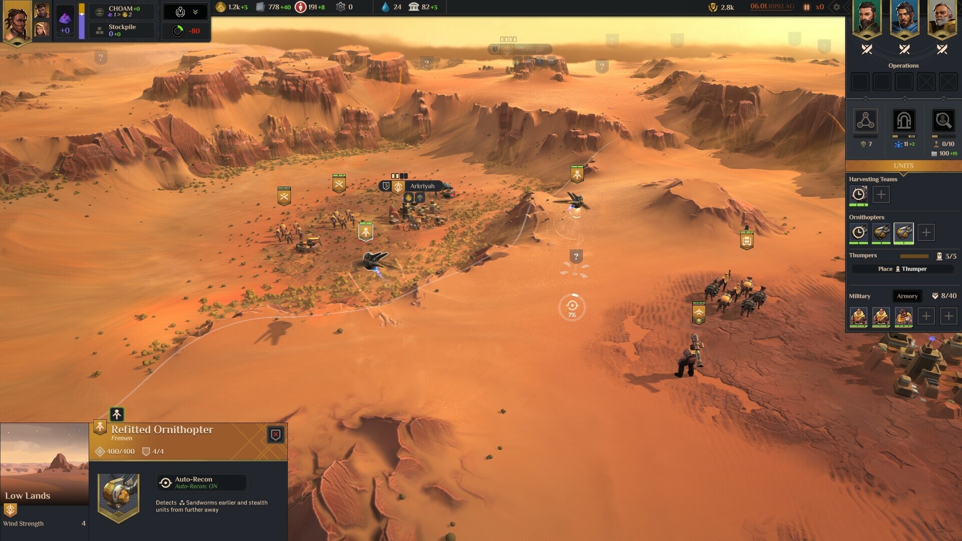 Dune Spice Wars strategic map of Arrakis showing village territories and spice fields