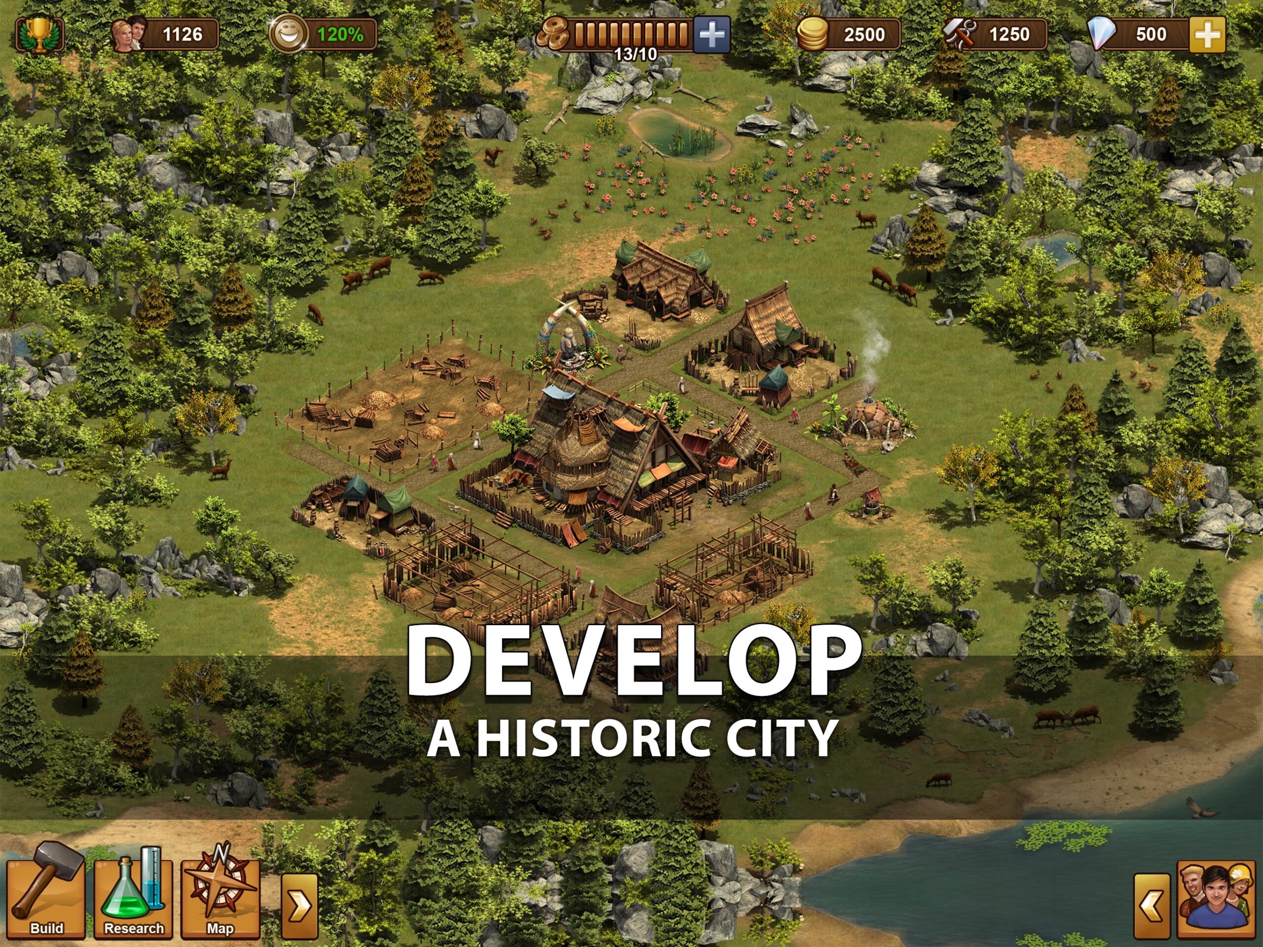 Forge of Empires city view with era buildings before a turn-based hex combat encounter