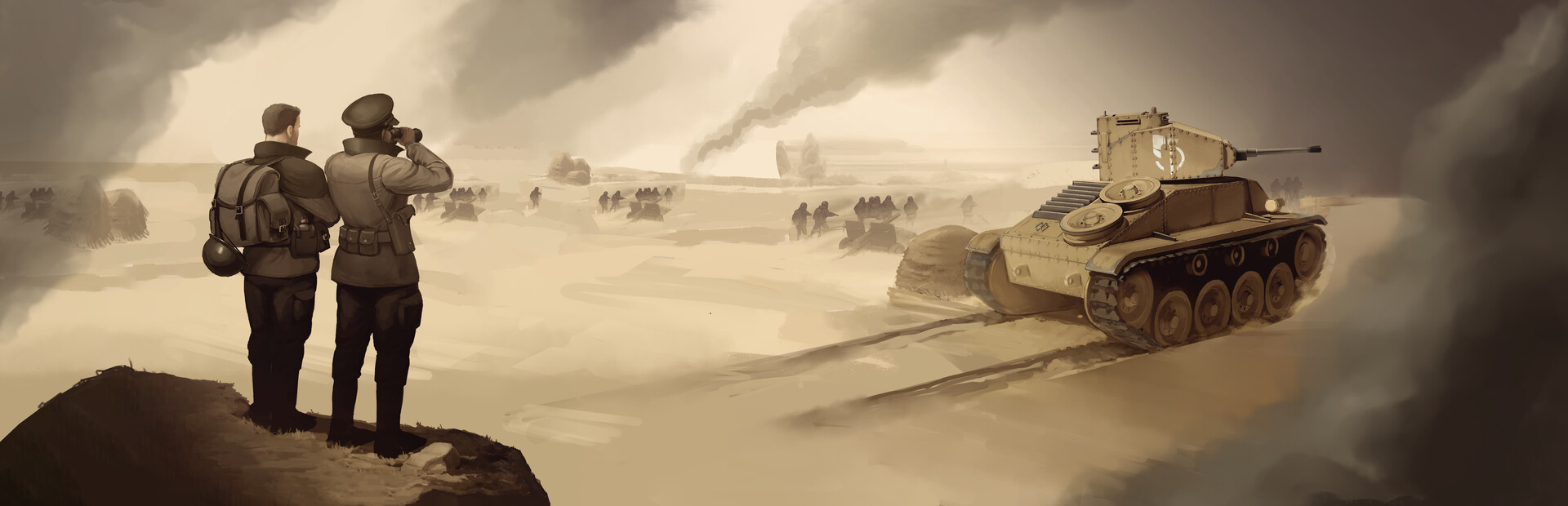Foxhole key art showing infantry and logistics vehicles in the persistent online war
