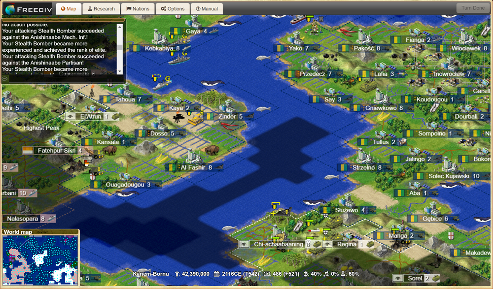 Freeciv-web isometric HTML5 client showing a city and surrounding worked tiles in a browser