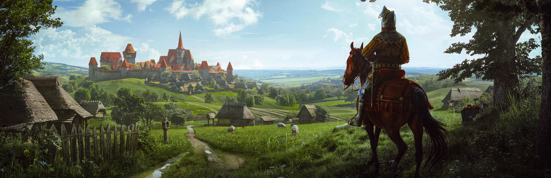 Manor Lords key art showing a medieval village and surrounding farmland