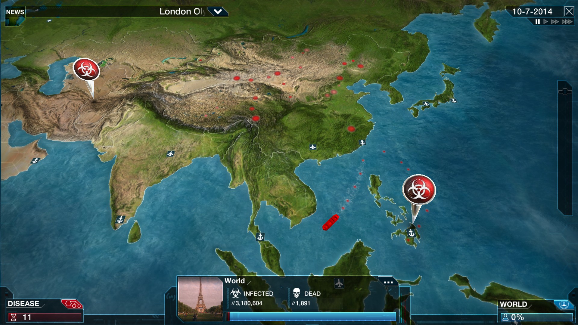 Plague Inc evolution screen showing transmission, symptom, and ability branches