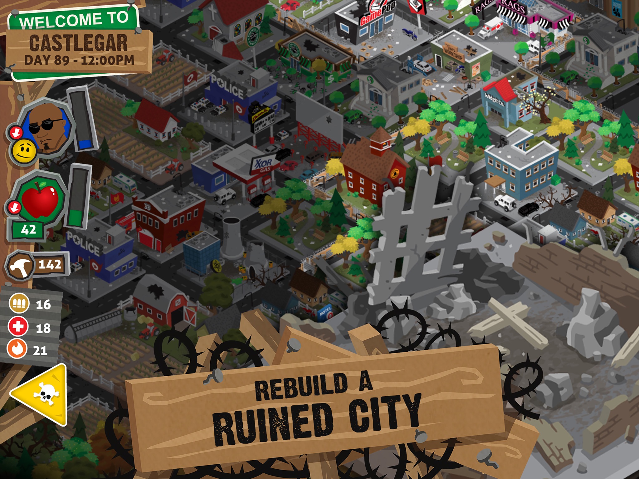 Rebuild 3: Gangs of Deadsville city map with reclaimed blocks and survivor assignments