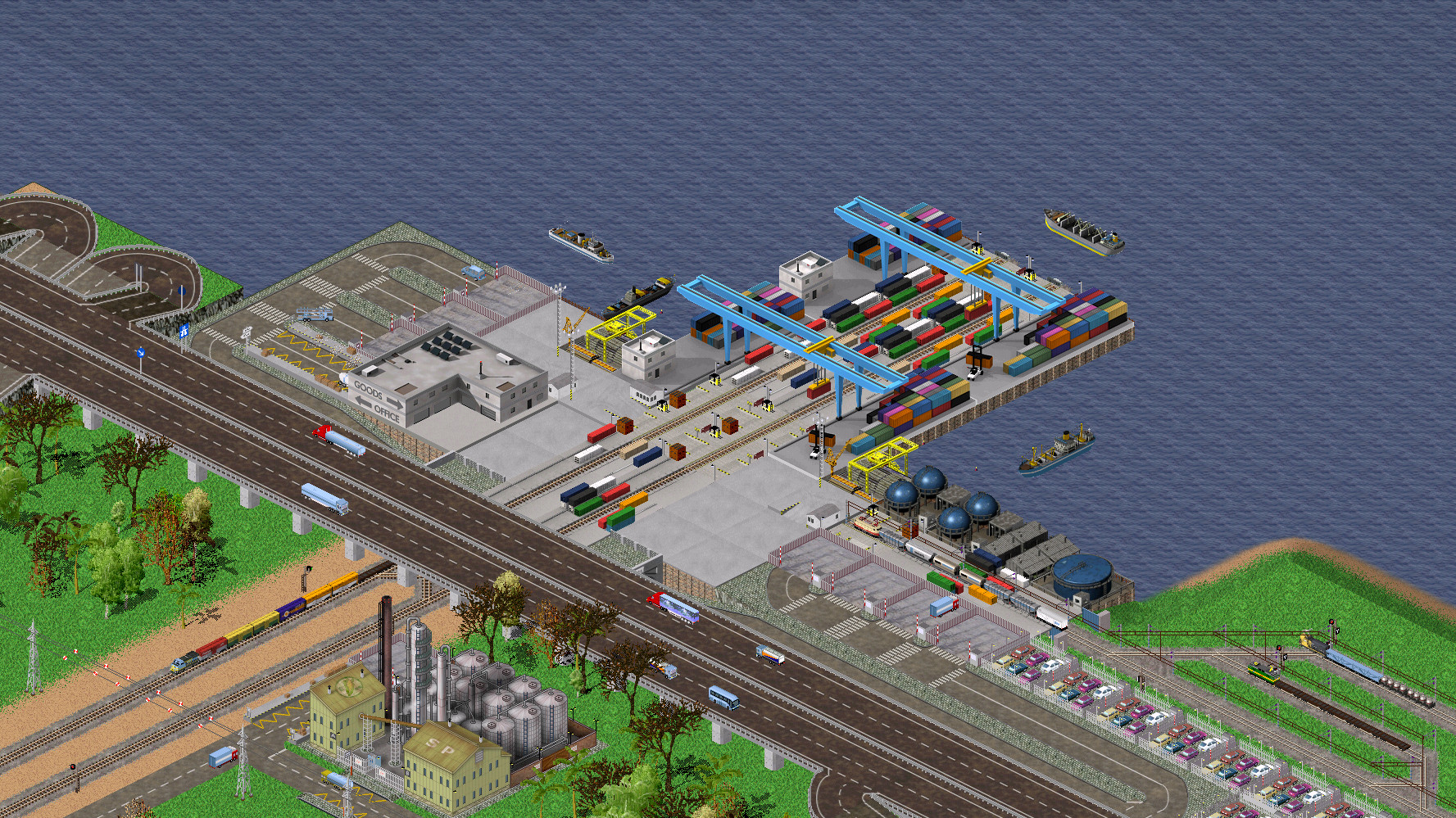 Simutrans map with rail lines, road traffic and industry connecting towns