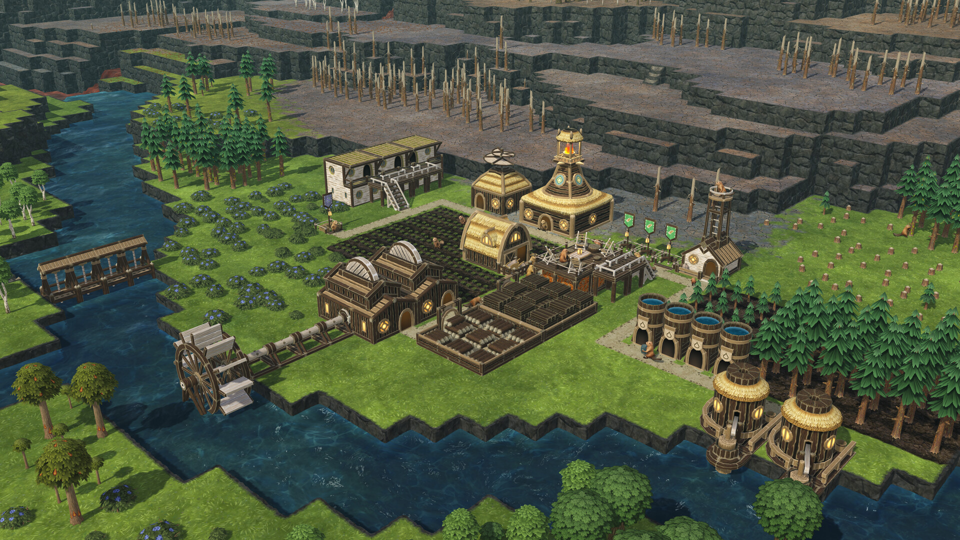 Timberborn screenshot showing a beaver settlement built around dams and water channels