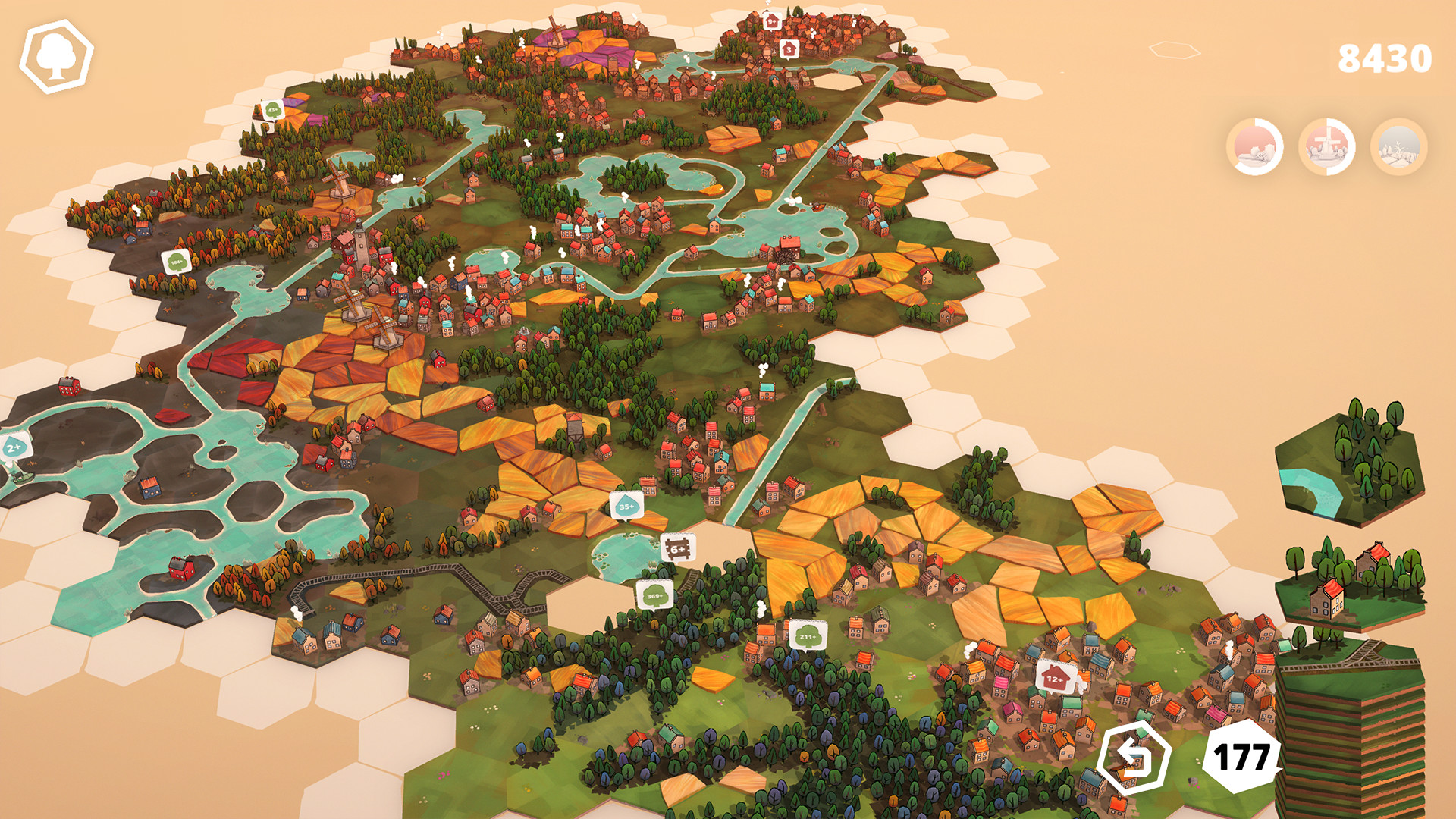 A Dorfromantik landscape of hexagonal tiles with villages, rivers and forests
