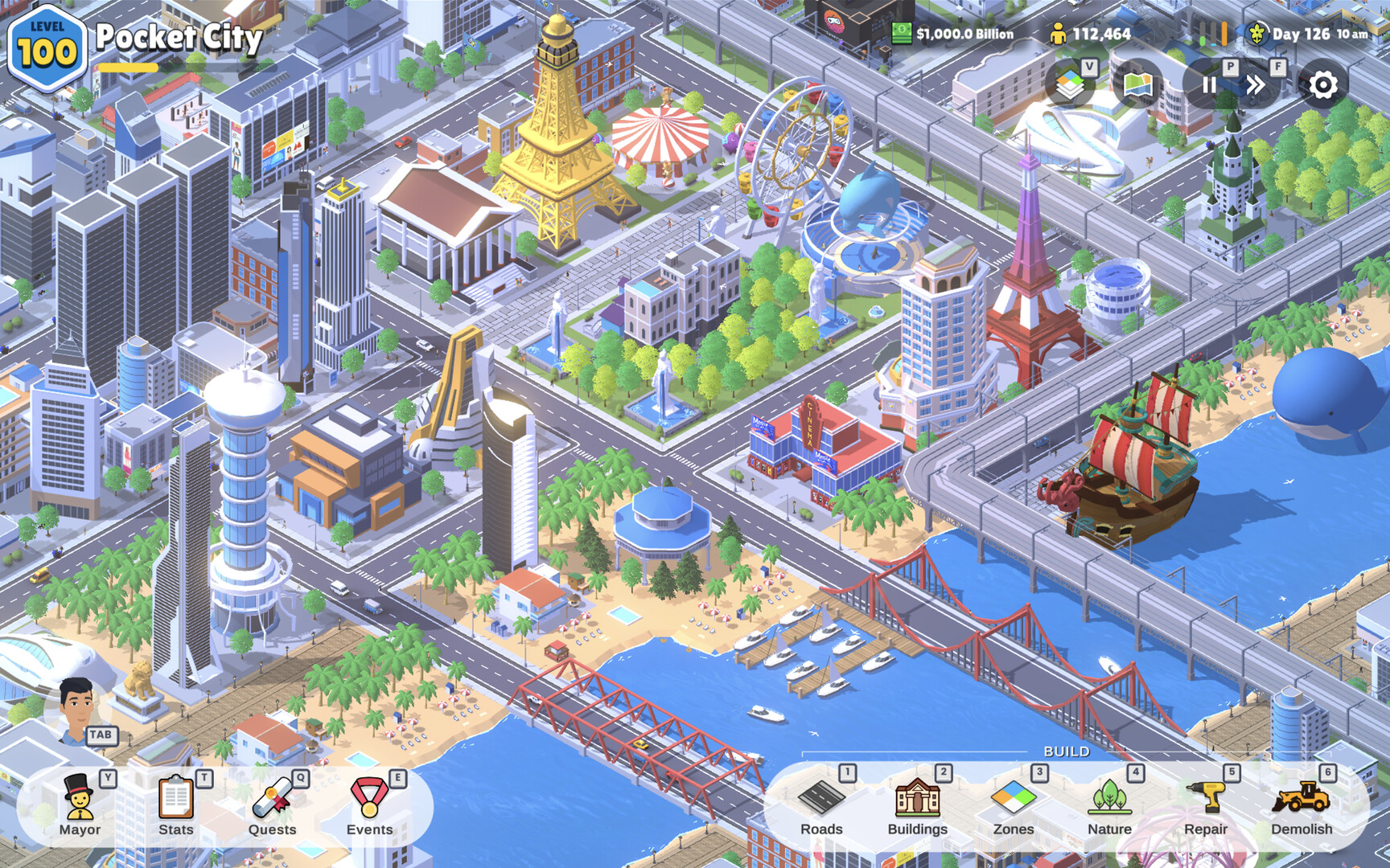 Pocket City 2 screenshot showing a colorful city with the player avatar at street level