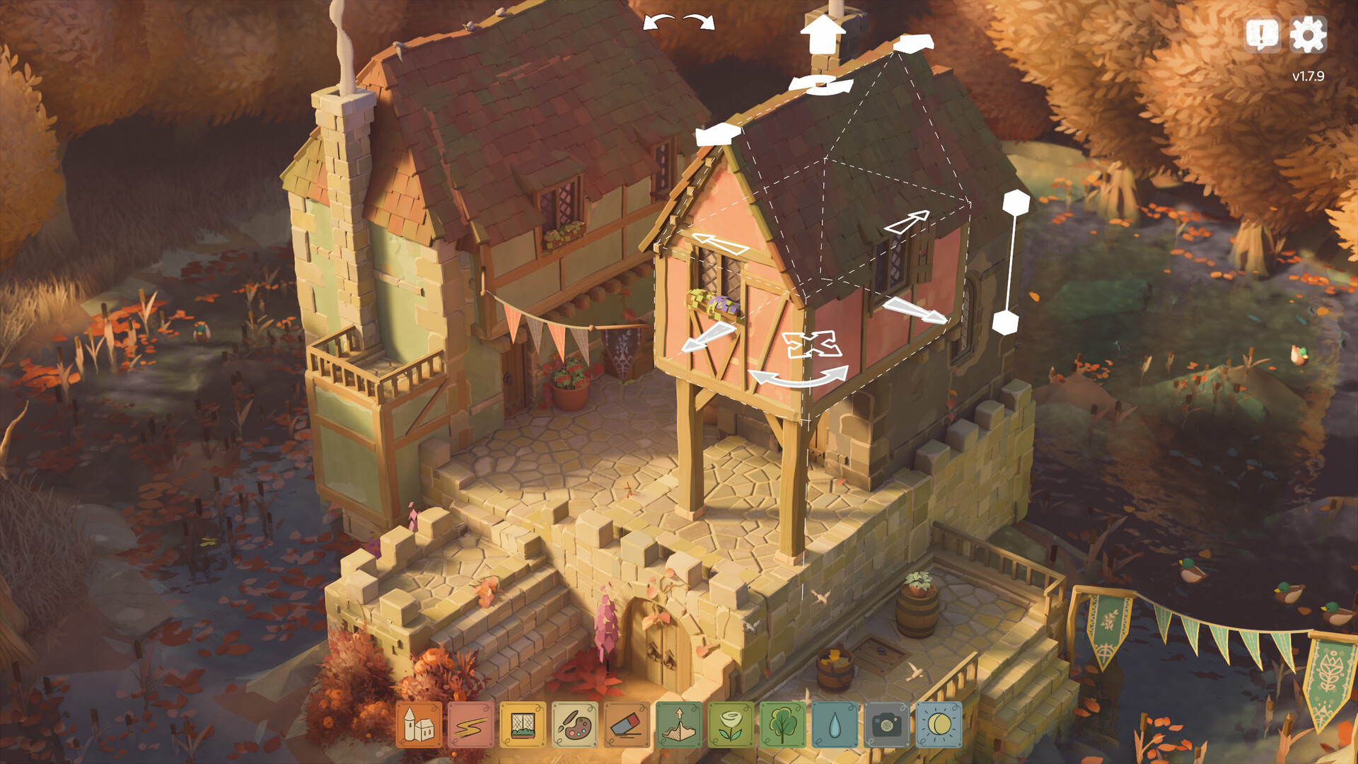 A Tiny Glade diorama with a cottage, stone walls and procedural greenery