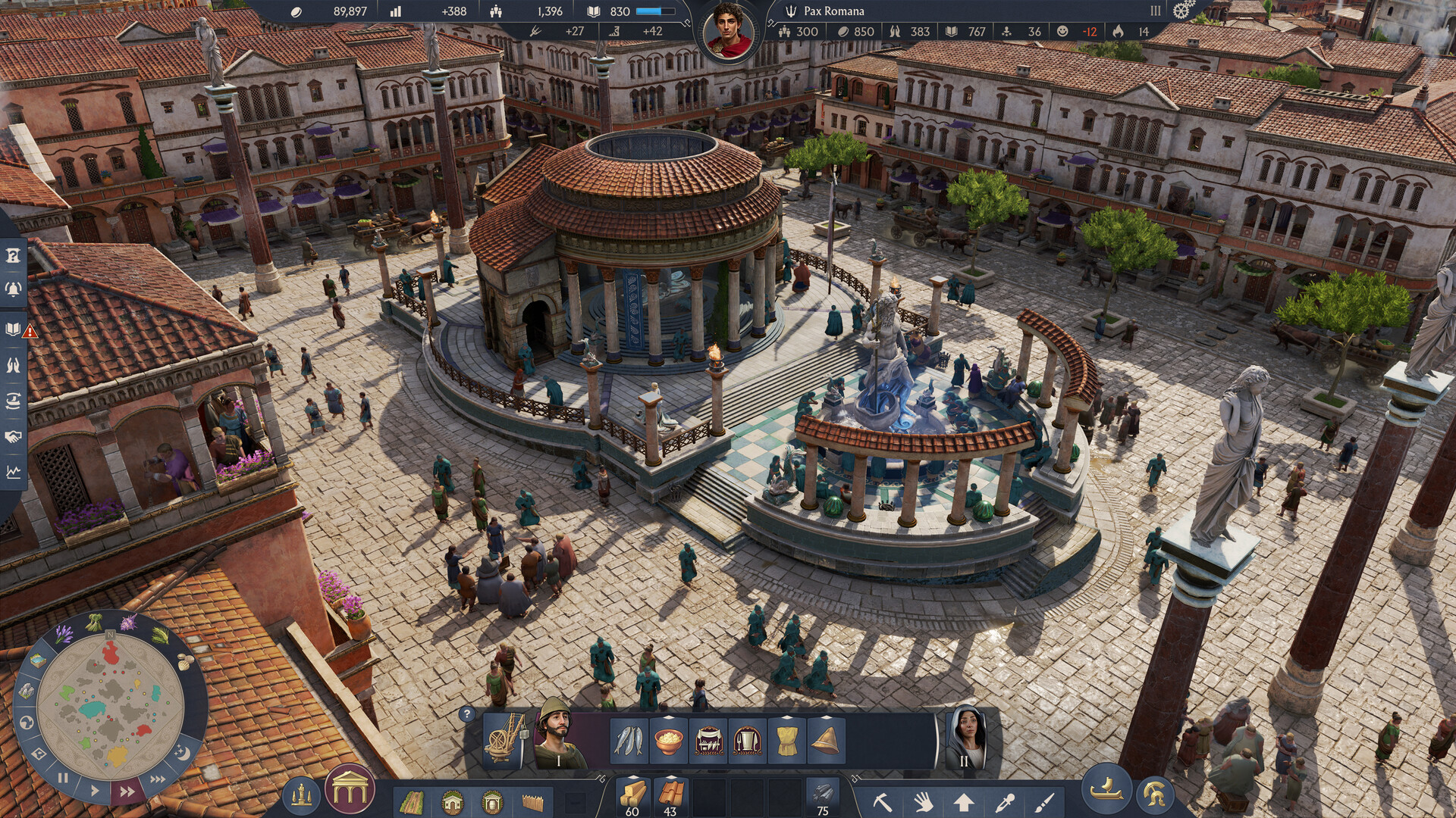 Anno 117: Pax Romana screenshot showing a Roman coastal settlement with production buildings