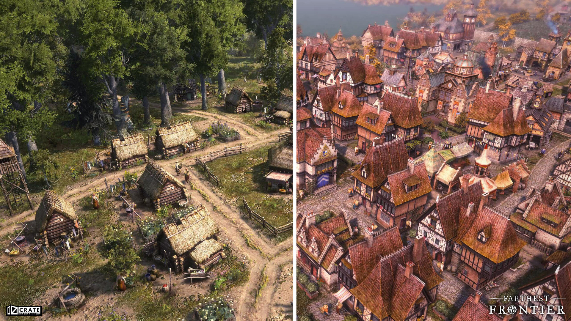 Farthest Frontier screenshot showing a walled medieval town surrounded by crop fields