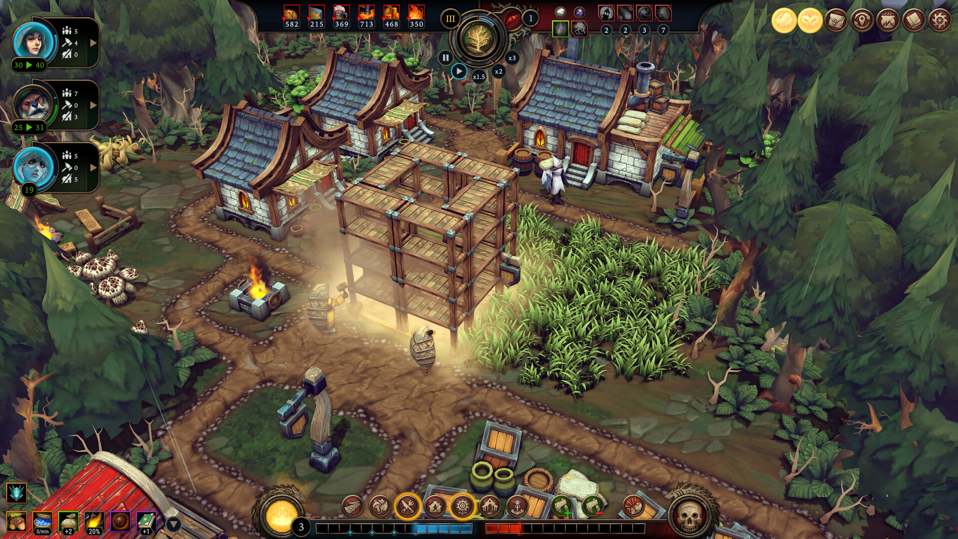 Against the Storm screenshot showing a rain-soaked woodland settlement with a central hearth