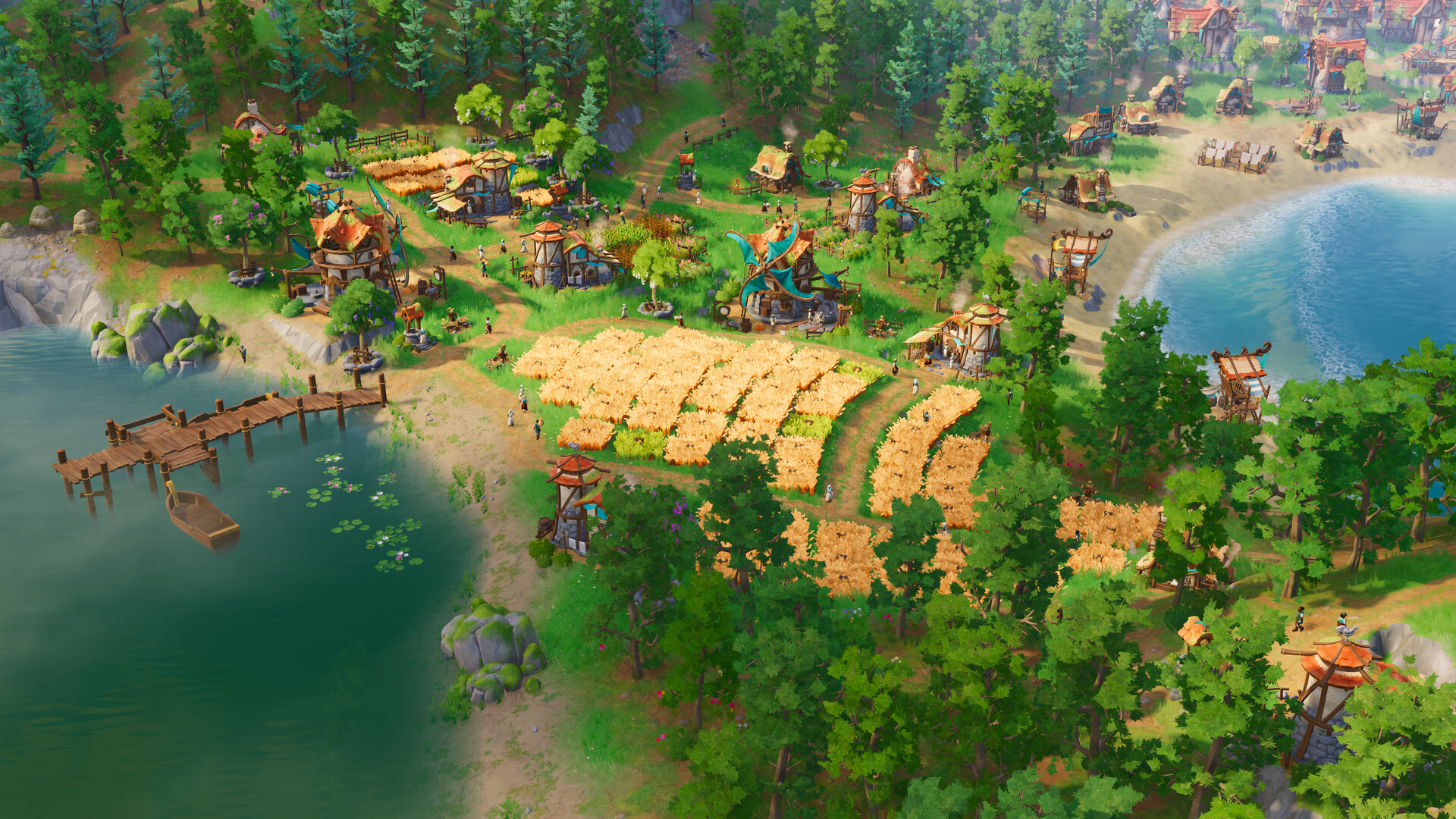 A colorful Pioneers of Pagonia settlement with production buildings and carrier paths
