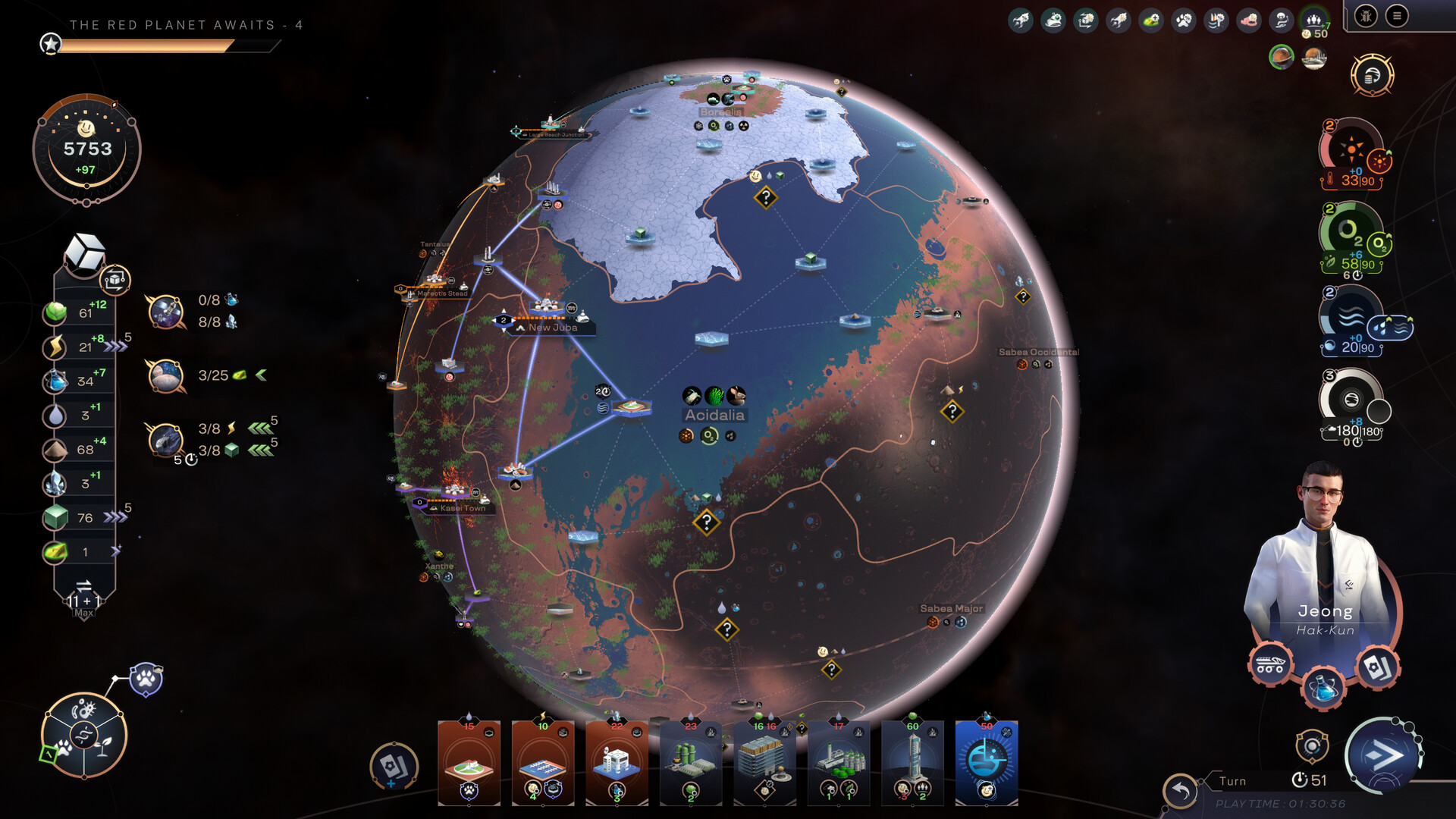 Terraformers screenshot showing a Mars colony with domed cities and terraforming projects