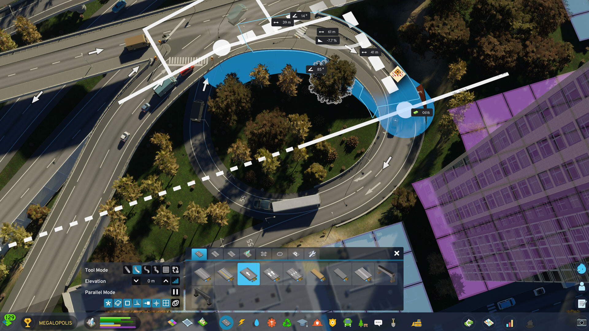 Cities: Skylines II screenshot showing a large city with highway interchanges and mixed zoning