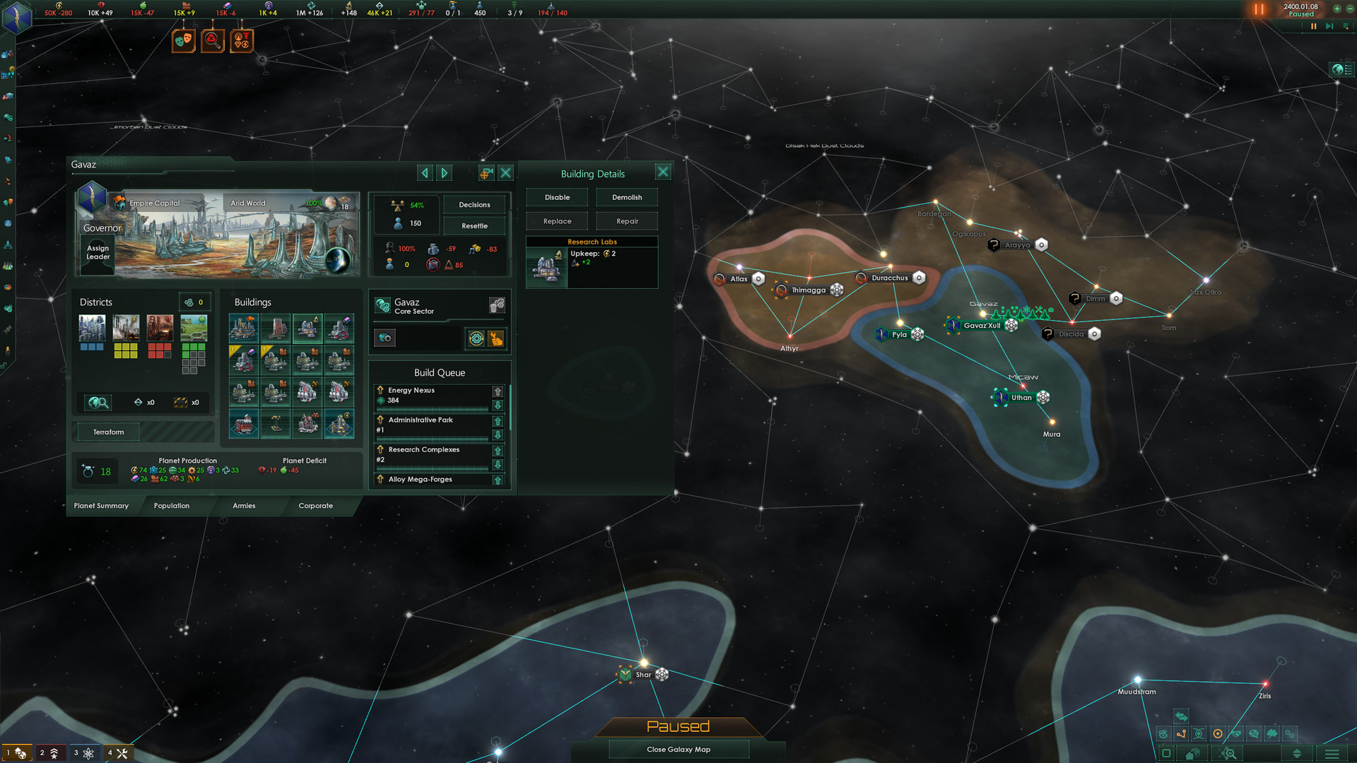 Stellaris galaxy map with empire borders and hyperlane routes