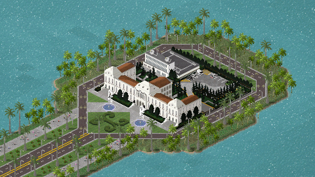 TheoTown isometric pixel city with zoned districts, roads and rail