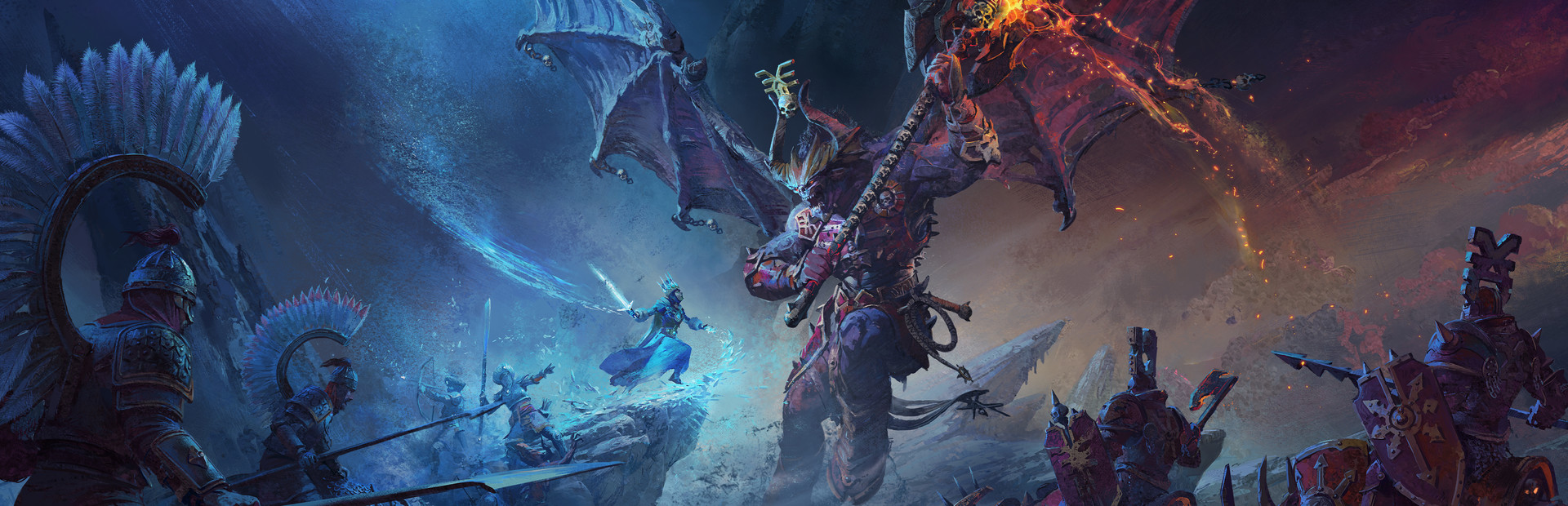 Total War Warhammer III key art with Chaos daemons massing for battle