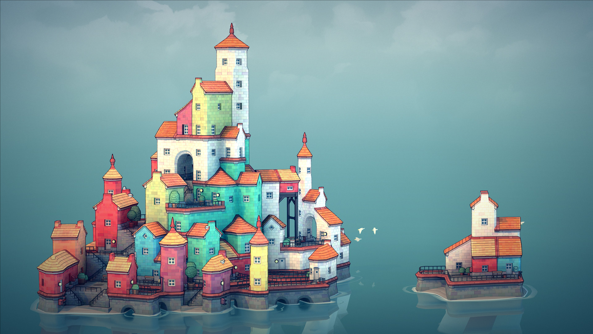Townscaper screenshot showing a pastel island town built on a water grid