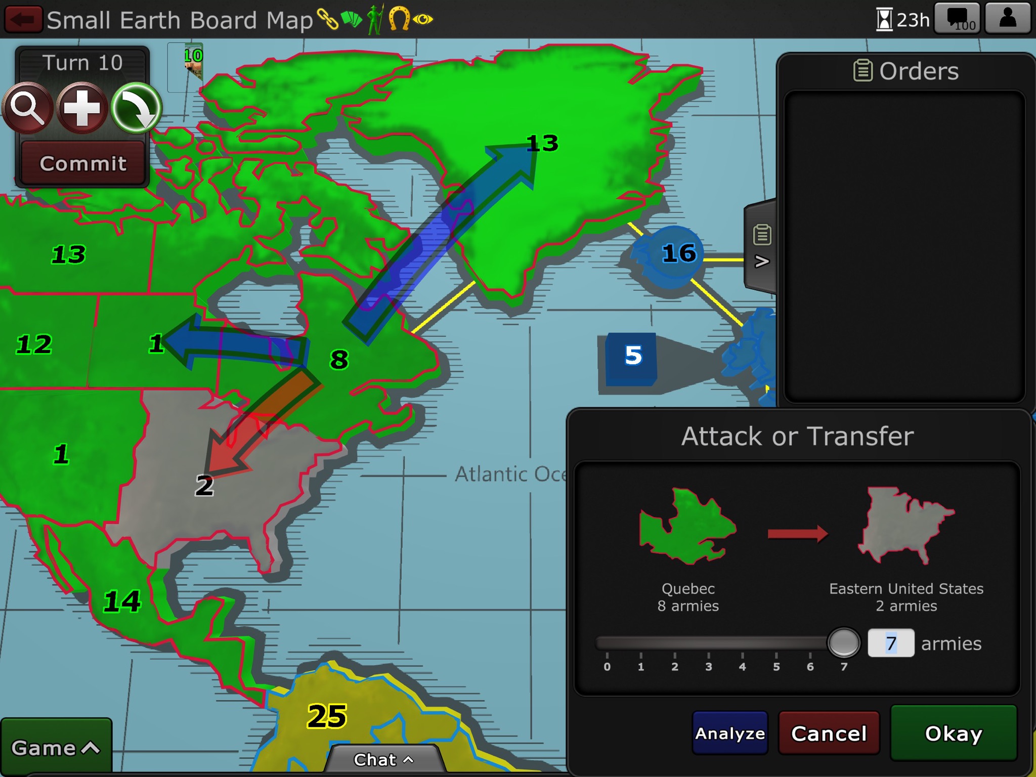War.app turn-based strategy map showing territories and troop counts on a world board