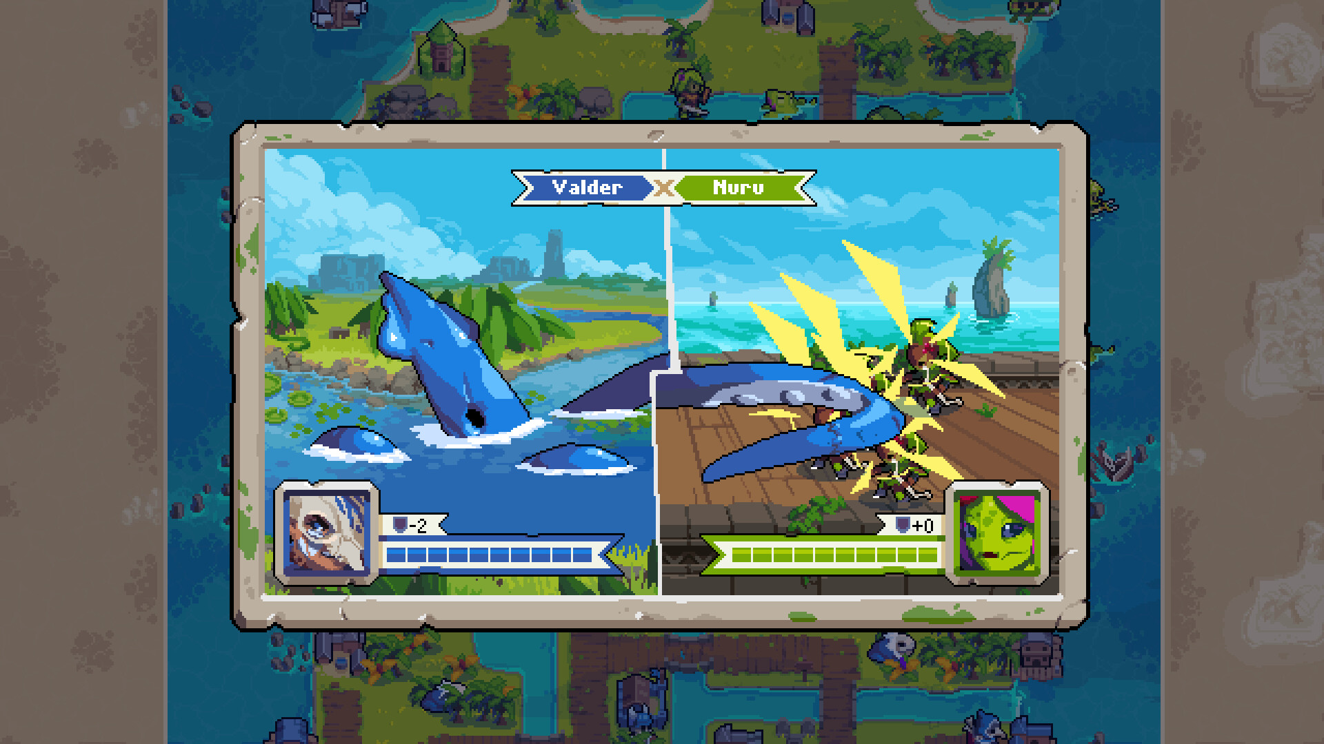 Wargroove 2 grid battlefield with opposing units positioned for a head to head match