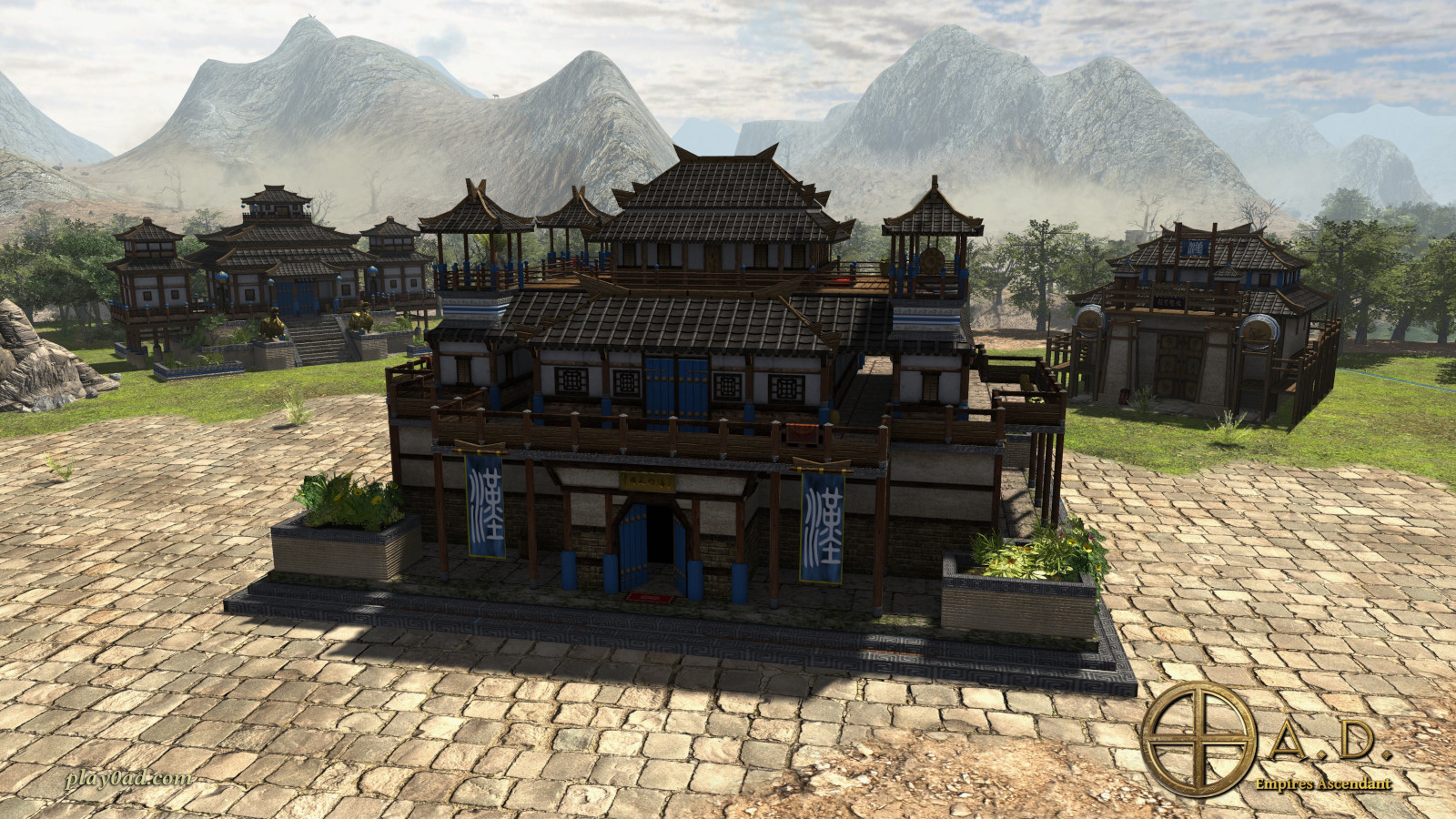 0 A.D. gameplay showing a Han Chinese settlement with a wonder under construction and massed infantry