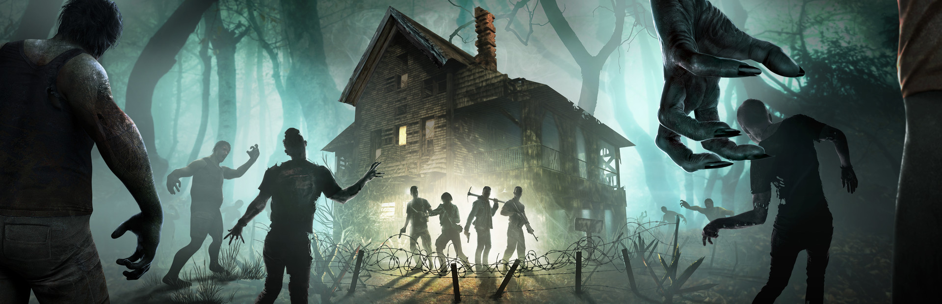 7 Days to Die official key art showing survivors facing a zombie horde at night