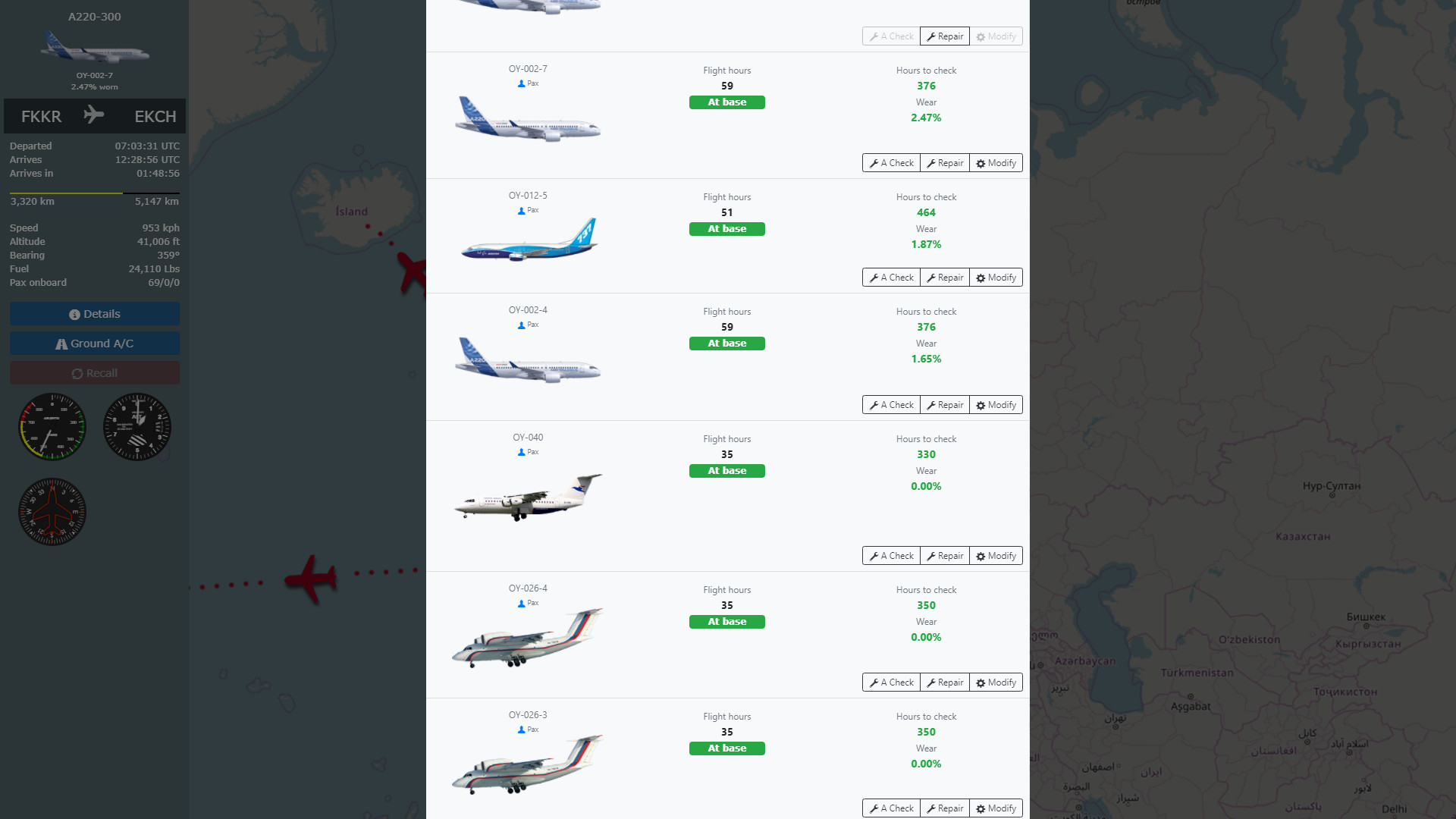 Airline Manager 4 route planning screen with aircraft and airport data