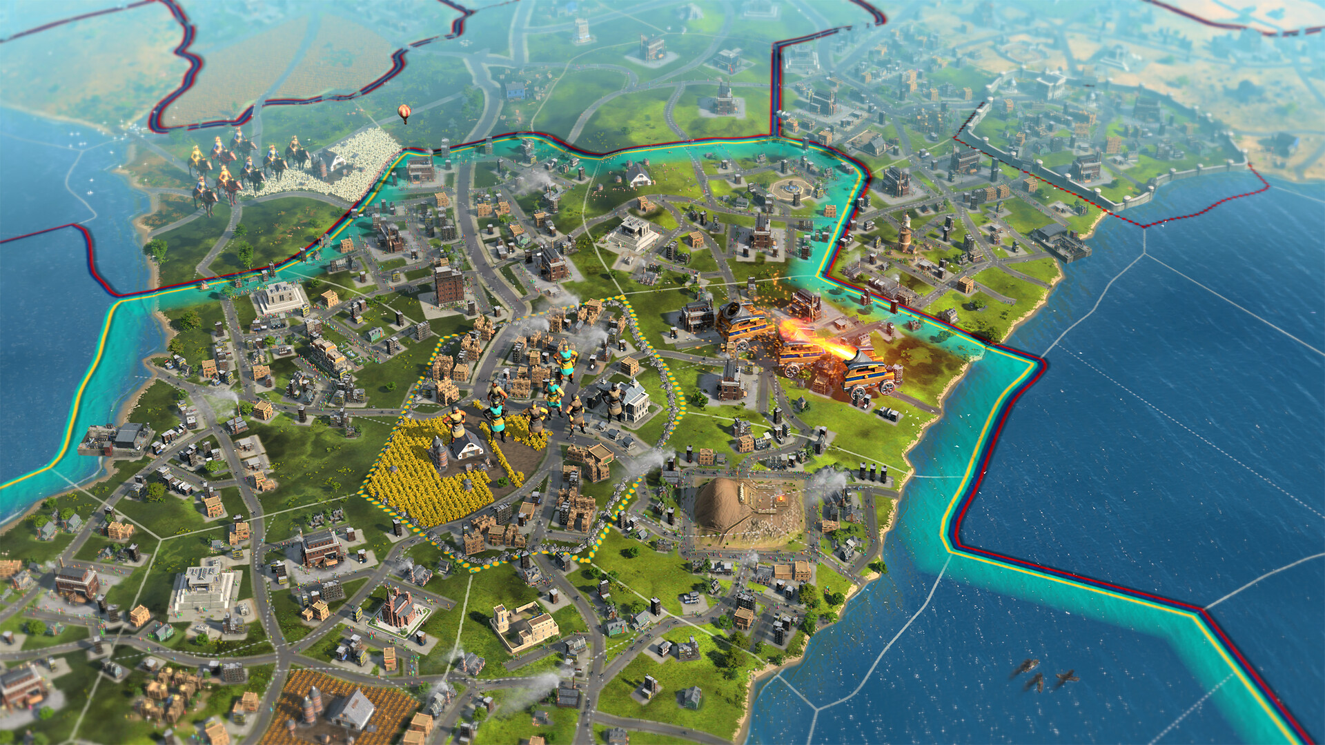 Ara: History Untold gameplay showing a city, its crafted goods chain, and the simultaneous turn readout