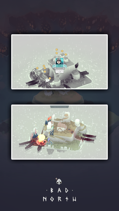 Bad North gameplay showing Viking squads defending a small procedurally generated island