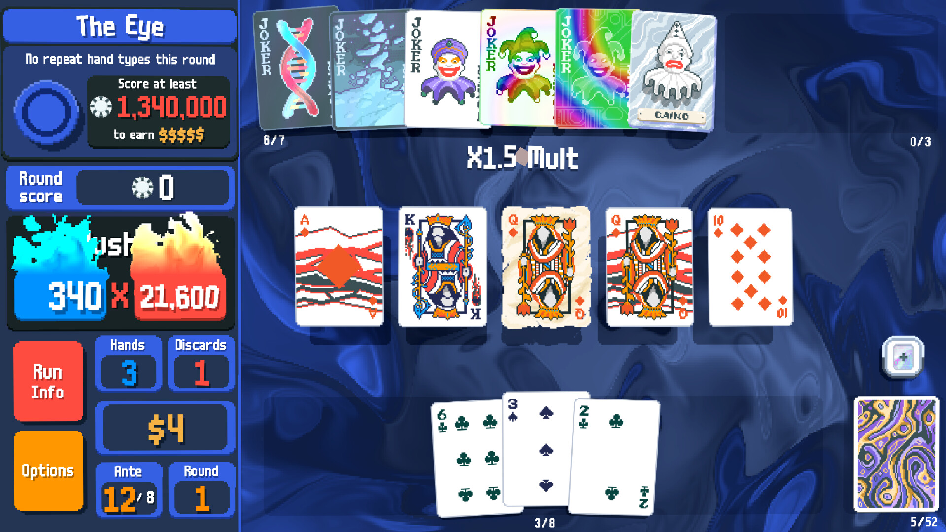 Balatro gameplay showing a poker hand scoring with joker cards in play