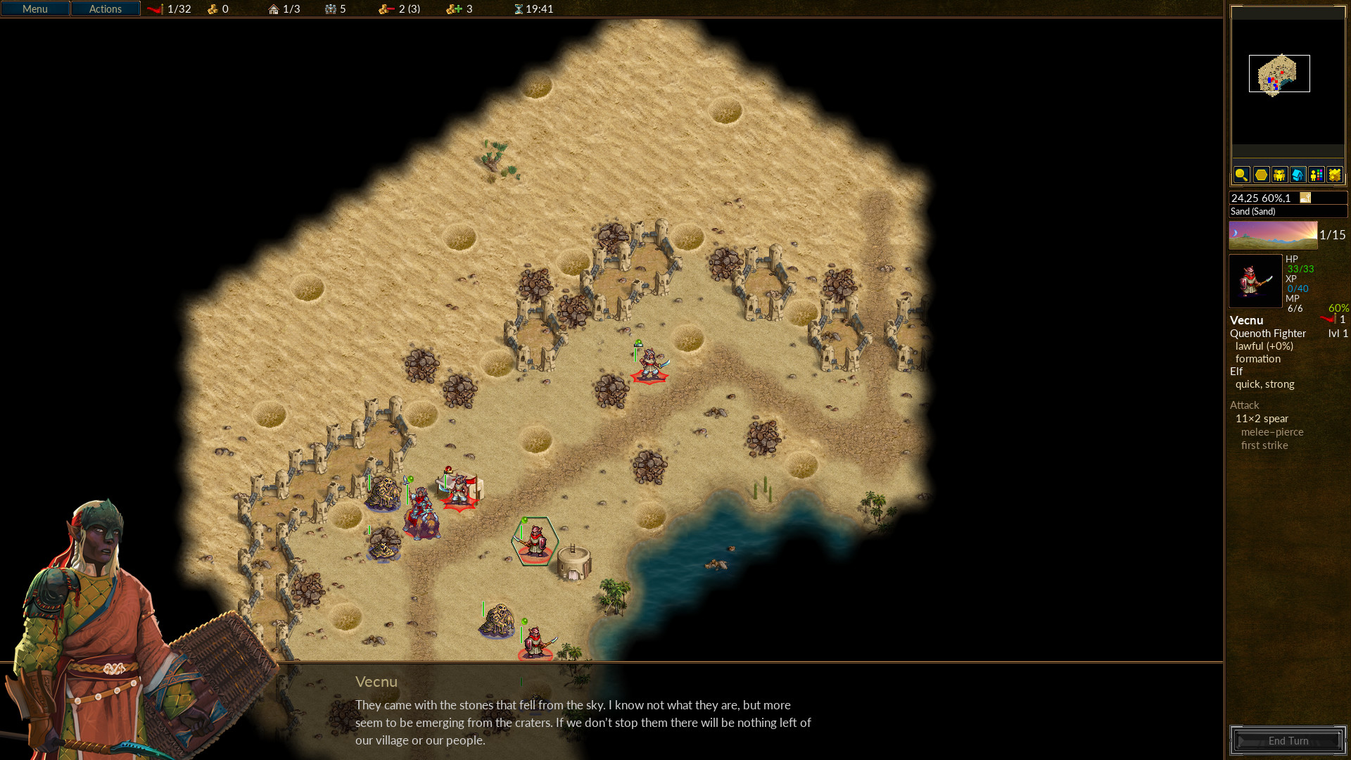 Battle for Wesnoth hex map with fantasy units holding a village