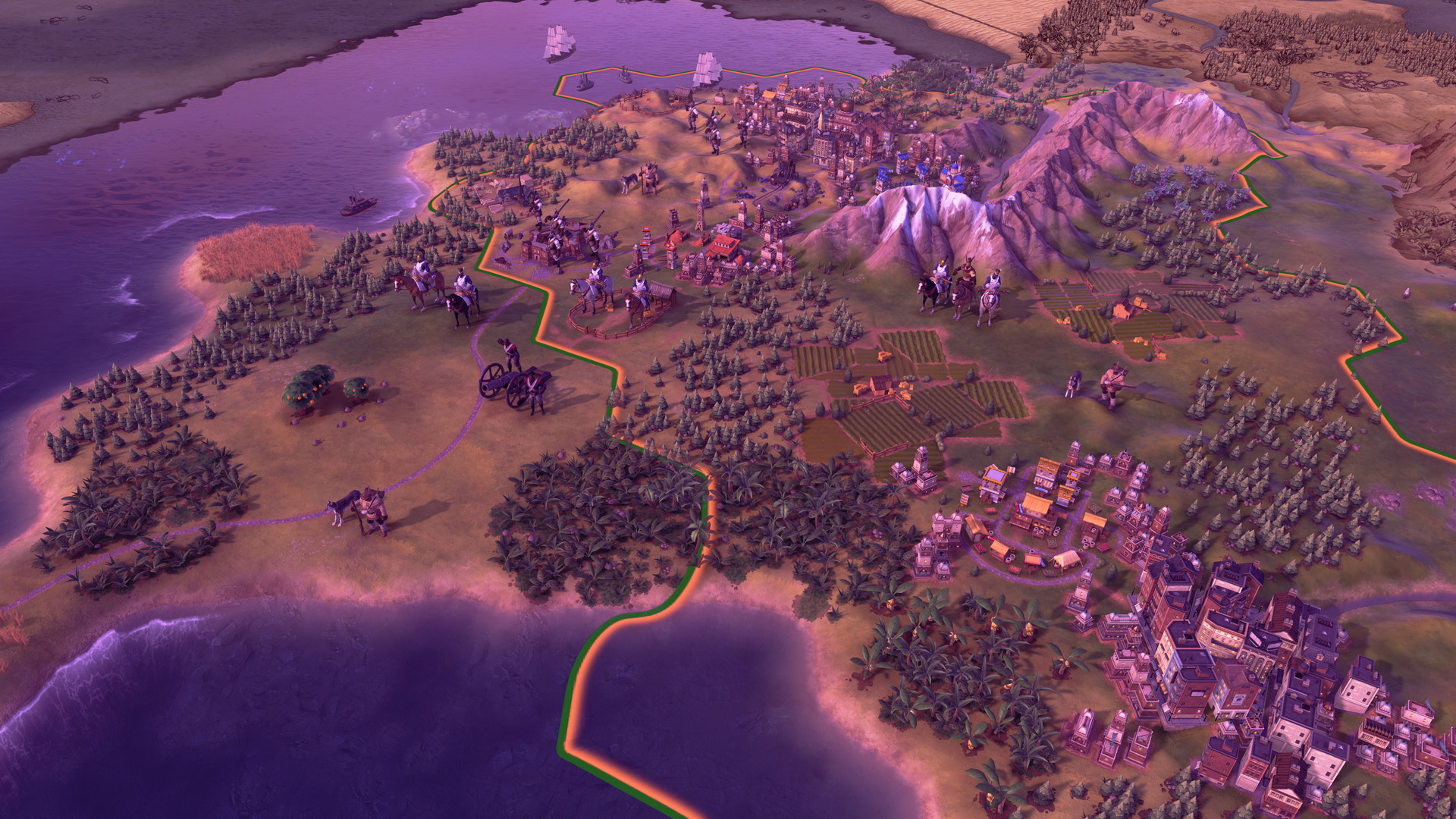 Civilization VI map with districts and units spread across terrain
