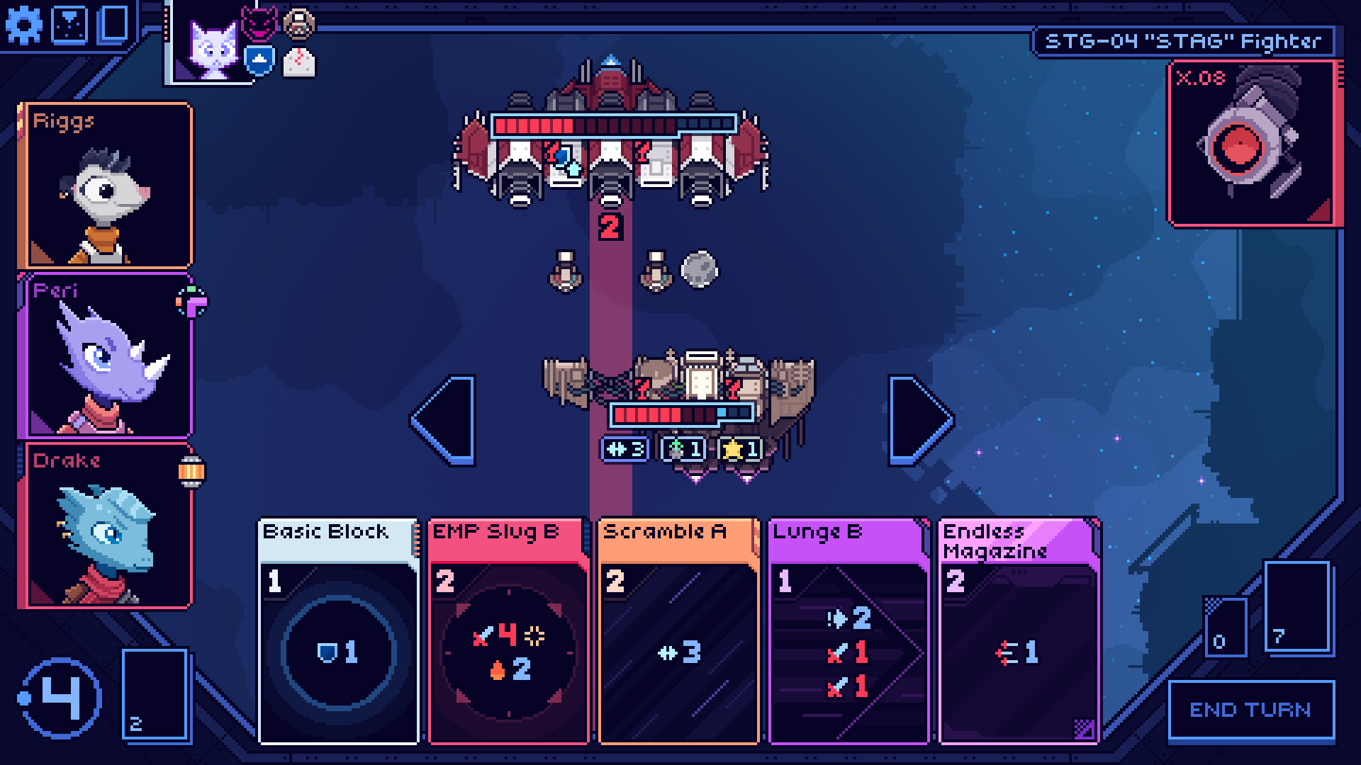 Cobalt Core gameplay showing ship positioning and cards during a space battle