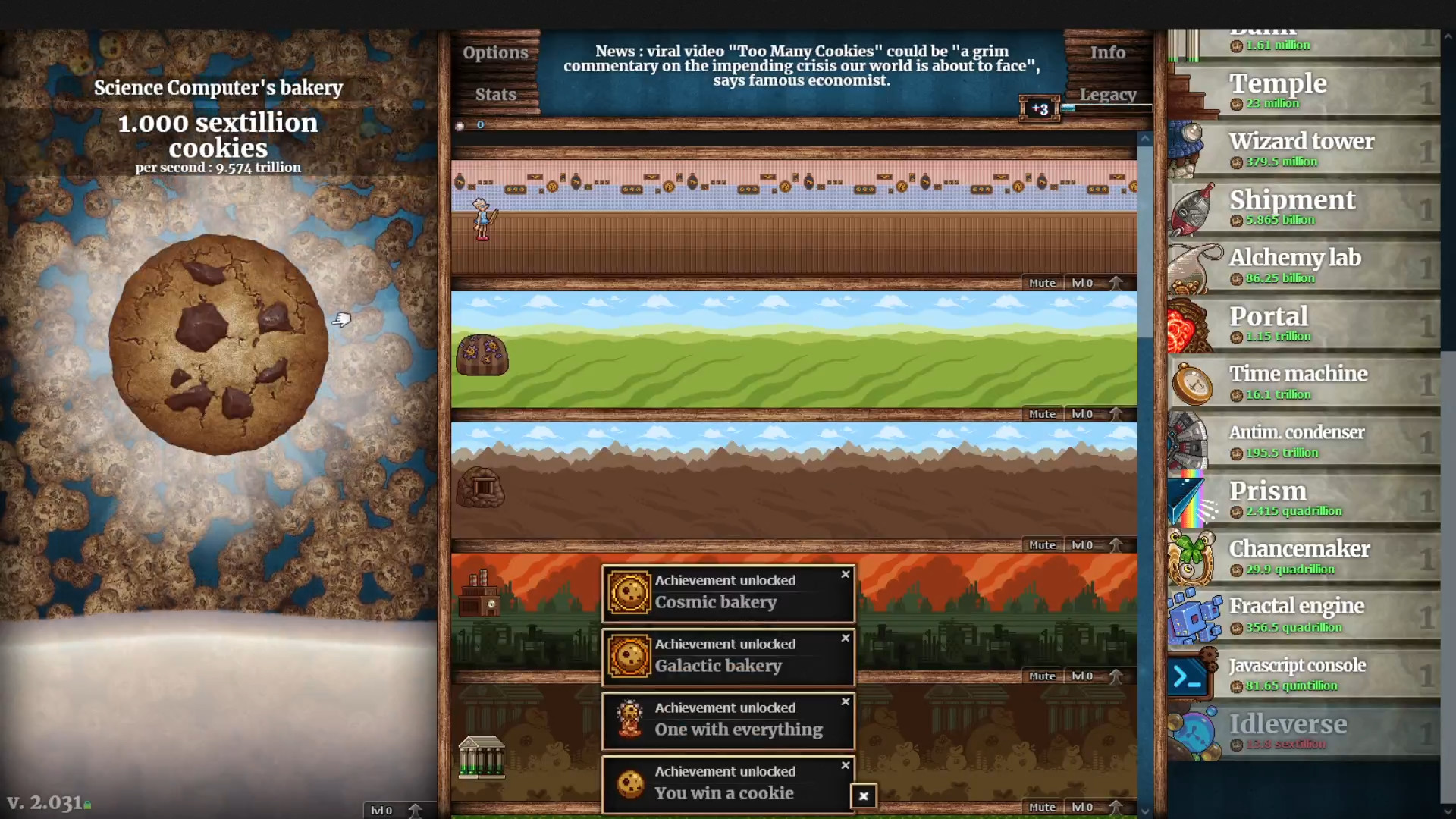 Cookie Clicker building list with production rates climbing
