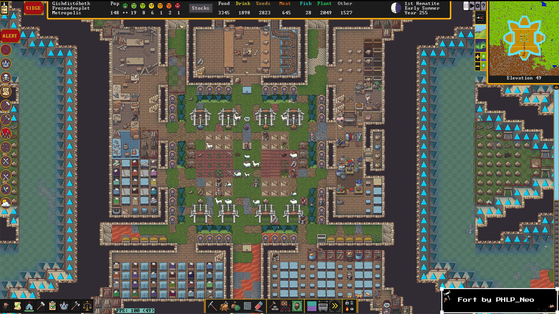 Dwarf Fortress gameplay showing a cross-section of a dug-out fortress with dwarves at work