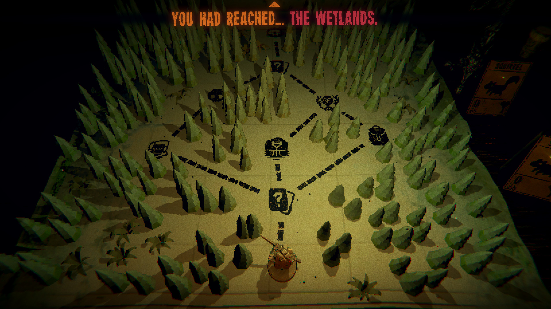 Inscryption gameplay showing the card table in the candlelit cabin