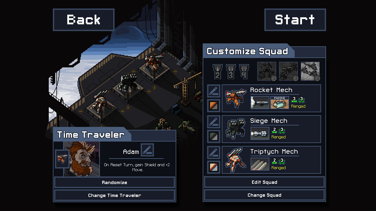 Into the Breach eight by eight grid with mechs positioning against Vek attacks