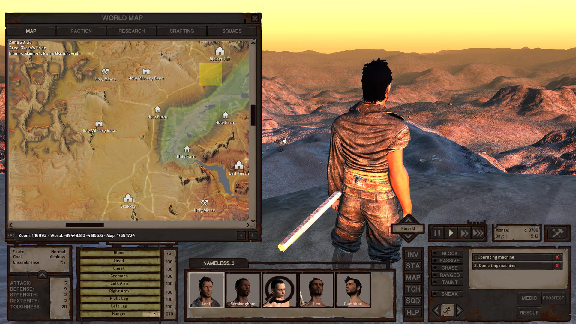 Kenshi gameplay showing a squad of outcasts crossing the wasteland toward a settlement