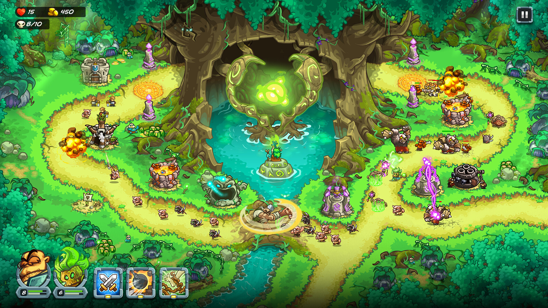 Kingdom Rush 5 Alliance TD lane with towers and heroes holding back enemies