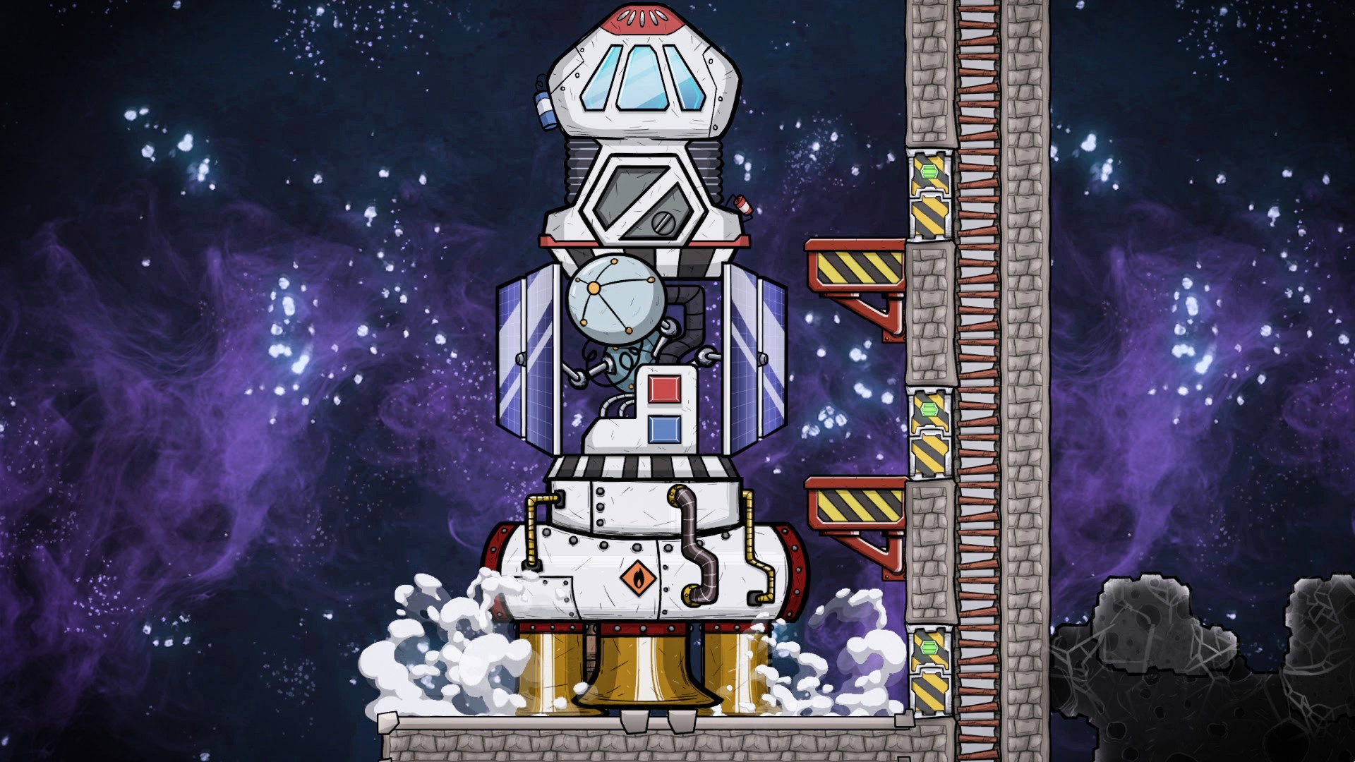 Oxygen Not Included gameplay showing an asteroid base with gas pipes, power lines, and duplicants