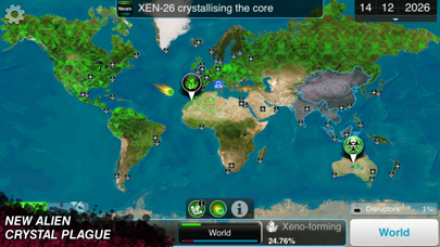 Plague Inc gameplay showing the world infection map with disease spread and evolution menus