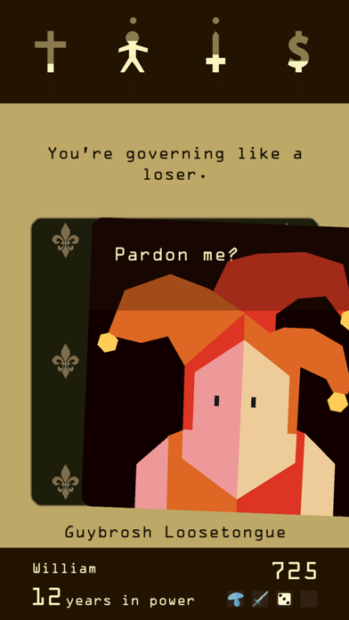 Reigns gameplay showing a ruler swiping a decision card left or right