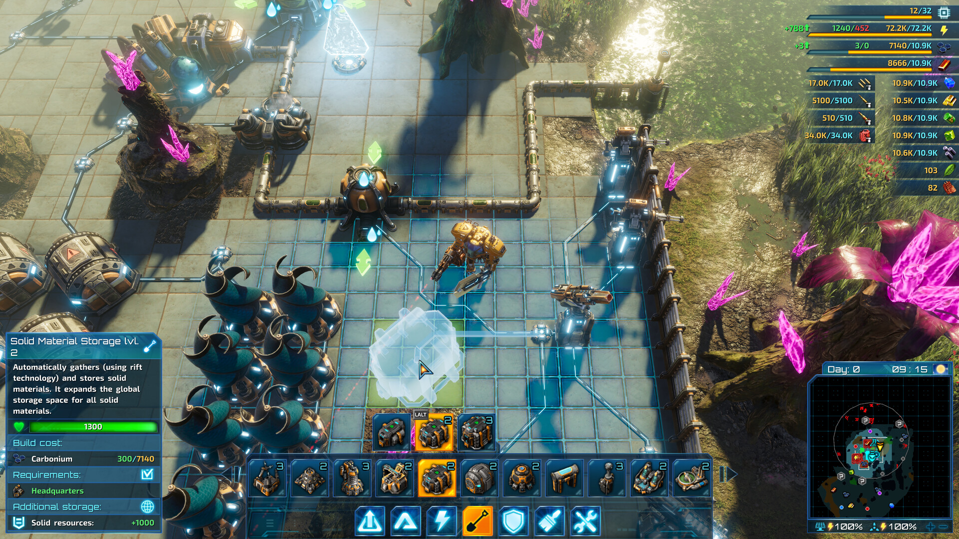 The Riftbreaker mech defending an alien base against a creature wave