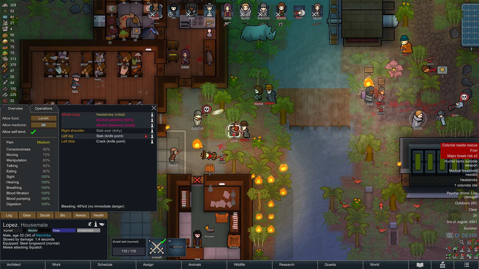 A RimWorld colony viewed from above with rooms, stockpiles and defensive walls laid out