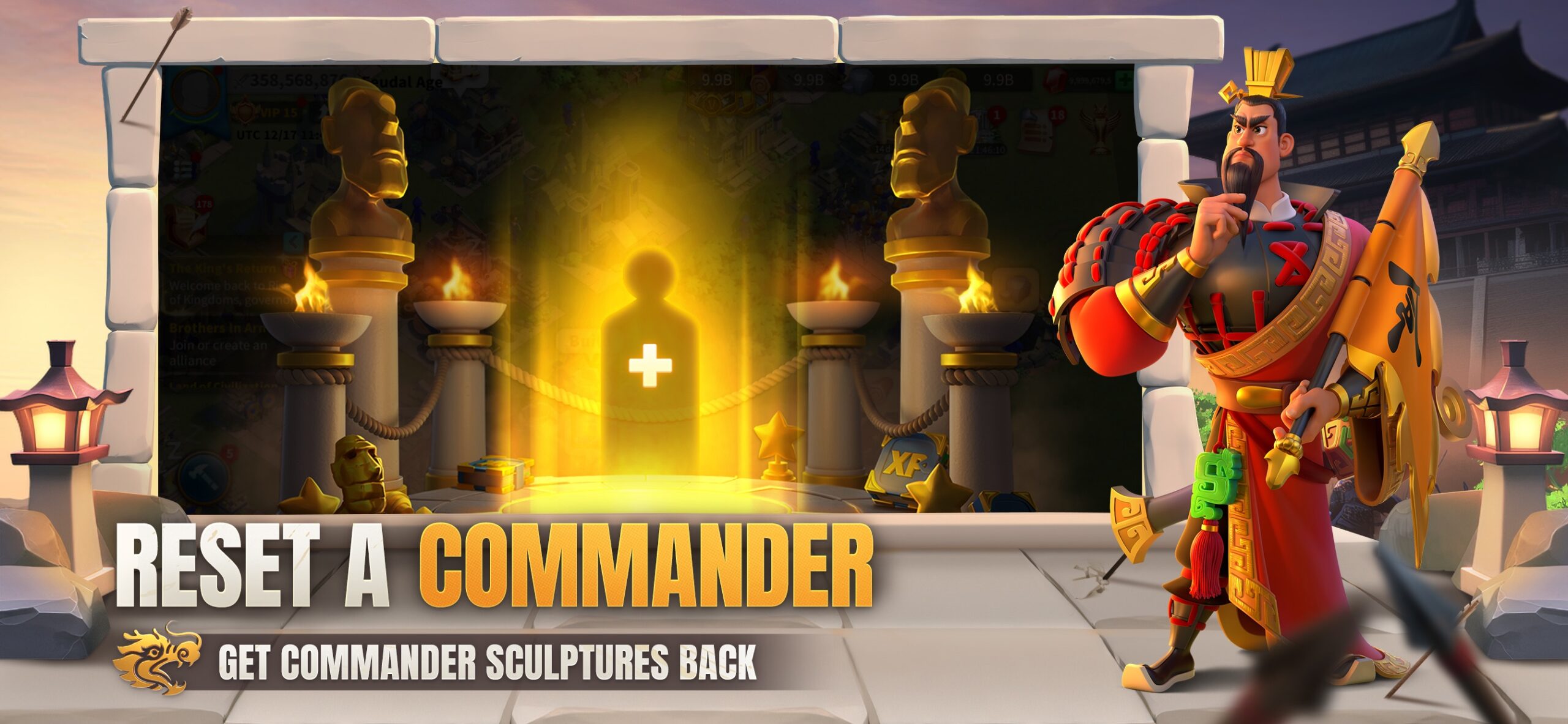 Rise of Kingdoms official promotional artwork of commanders and troops preparing for battle