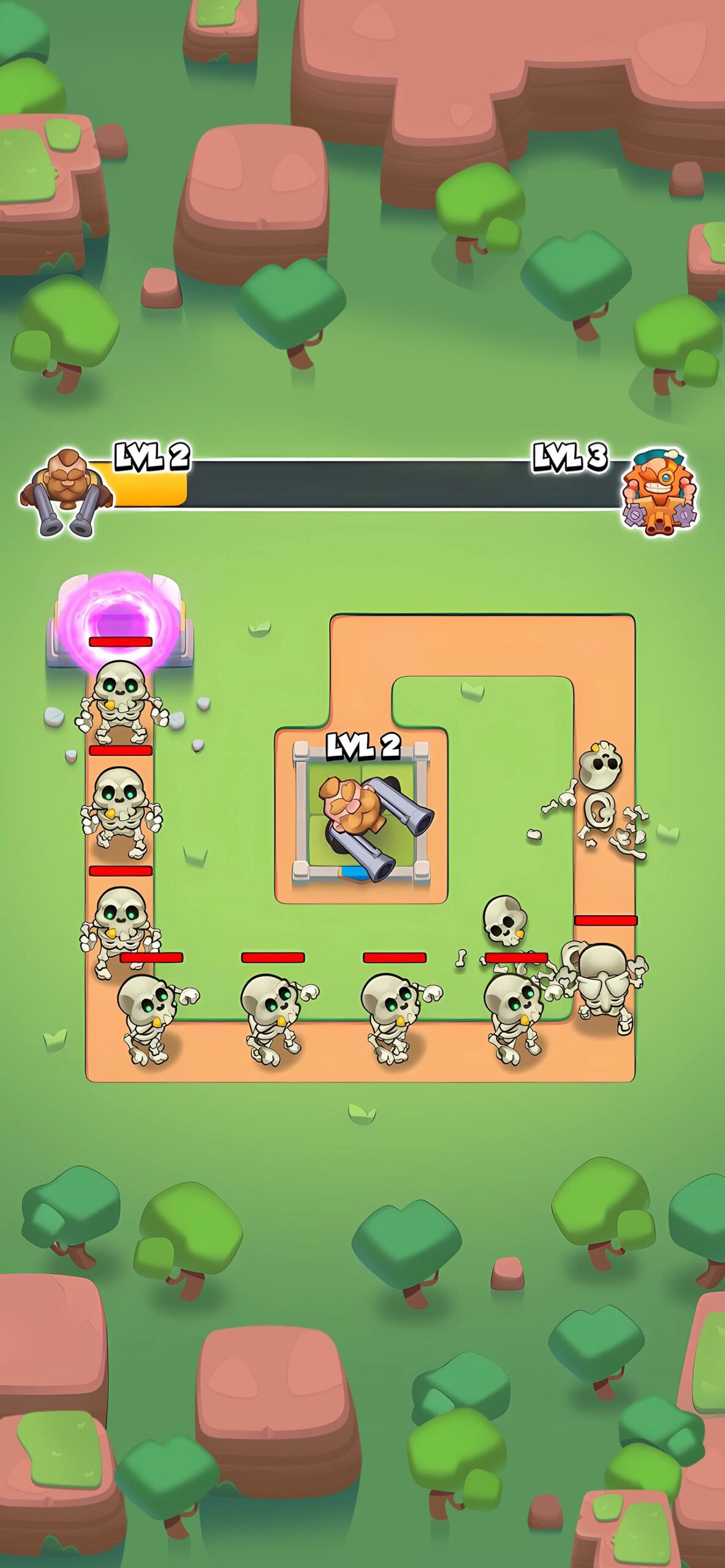 Rush Royale real-time PvP match with unit cards placed on a defense grid against incoming waves