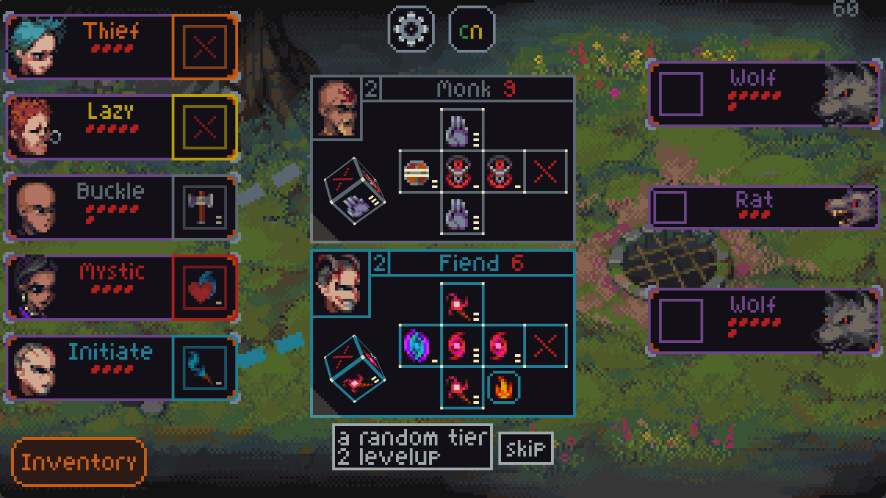 Slice and Dice gameplay showing a party of heroes and their dice faces before a fight